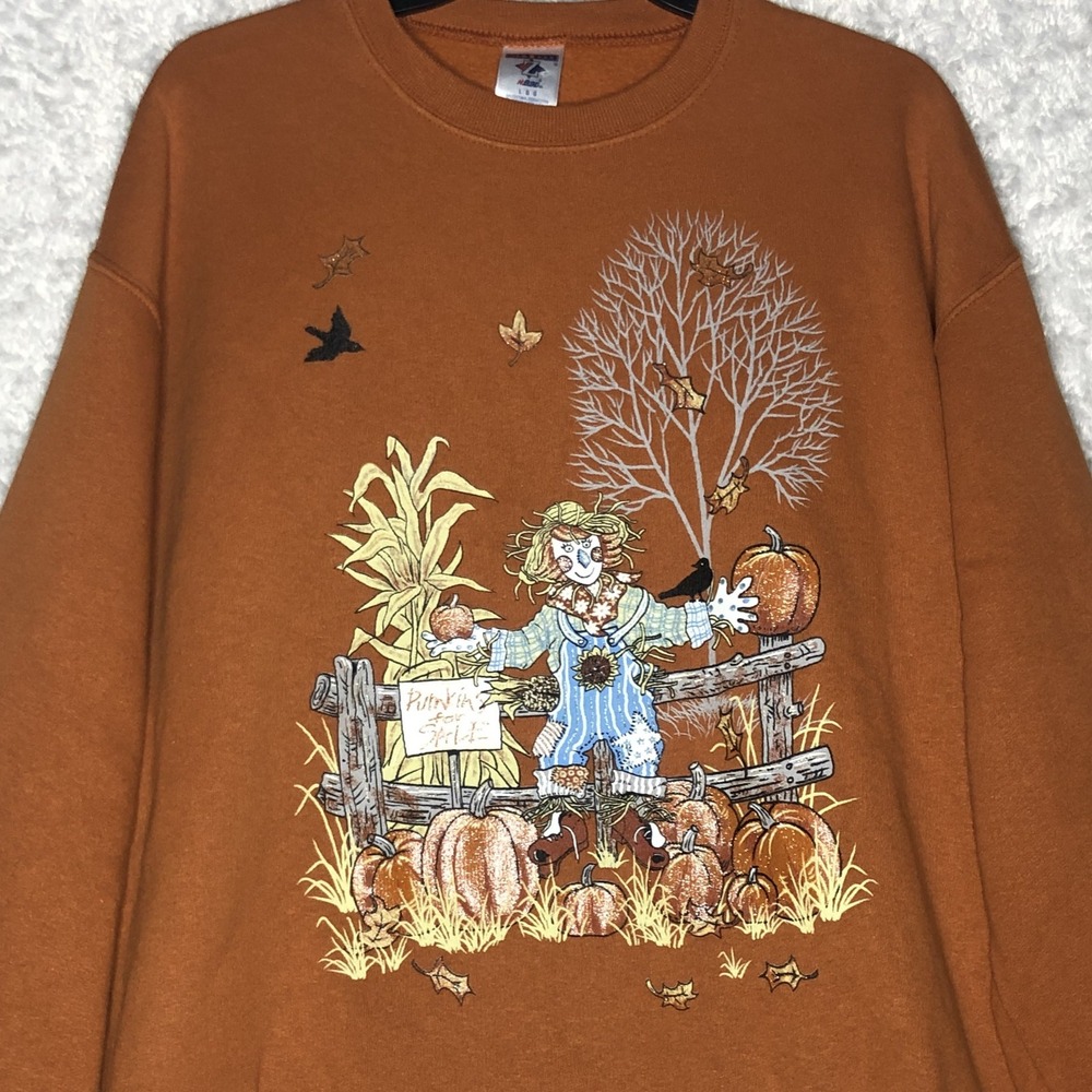Jerzees NuBlend Burnt Orange Autumn Scarecrow Pumpkin Harvest Sweatshirt Large‎